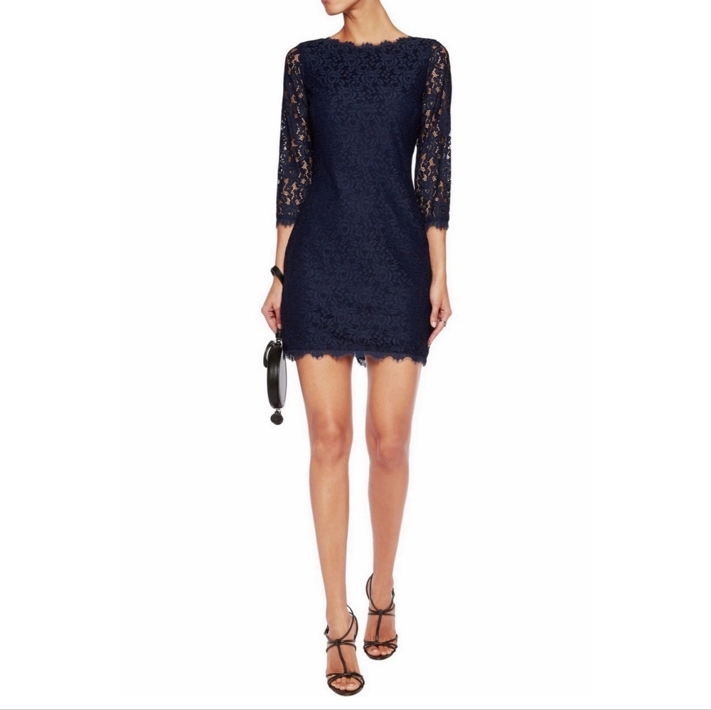 Diane von Furstenberg Colleen Lace Sleeve Dress Navy Blue Size‎ 2